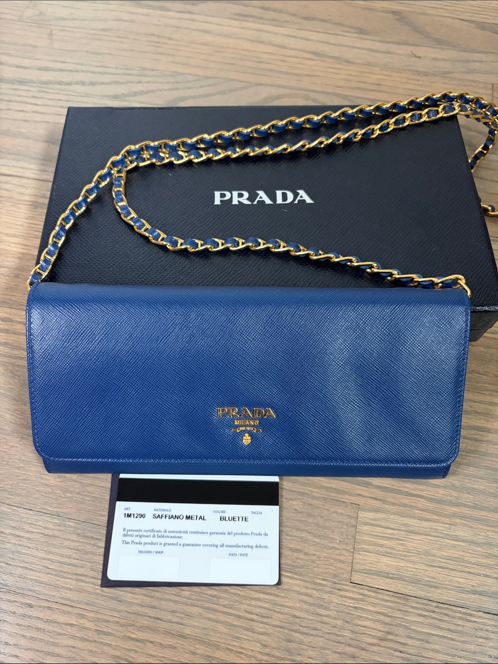 Prada Royal Blue Saffiano Leather Wallet On Chain